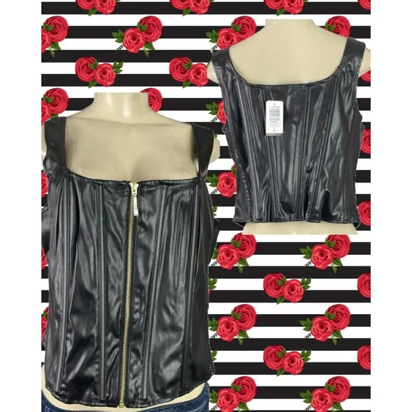 Torrid 0-L Black Faux Leather Boned Zip Front Lined Sleeveless Crop Corset Top - Picture 1 of 6